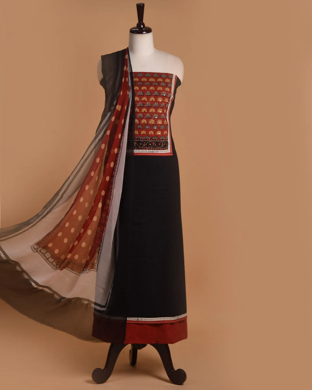 Black Pure Cotton Hand Block Printed With Embroidery  Unstitched Suit Fabric Set With Chiffon Dupatta