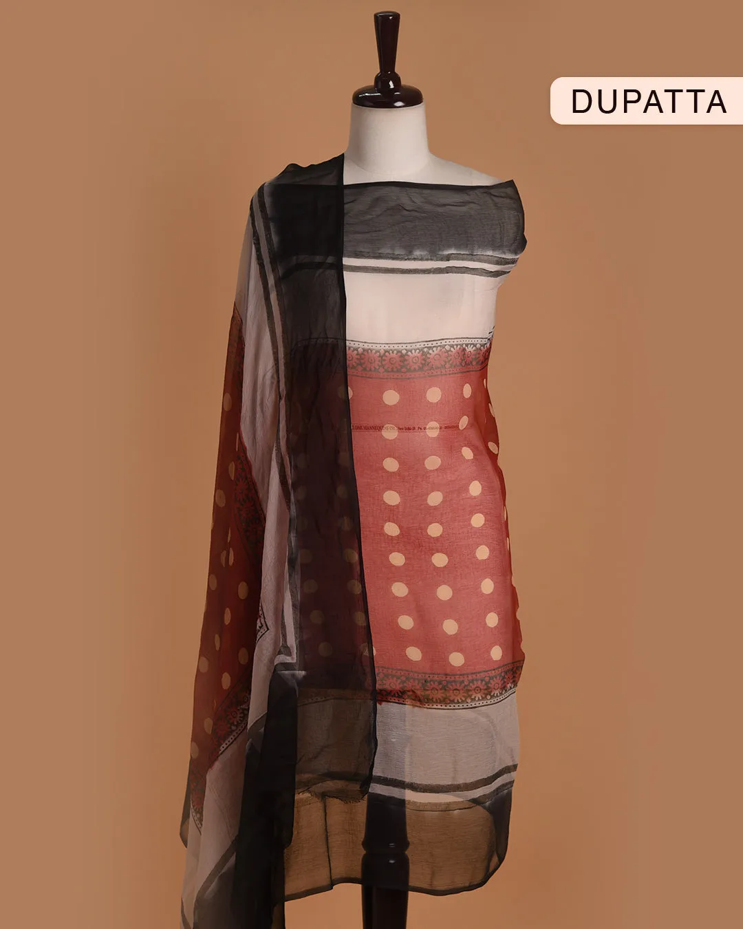 Black Pure Cotton Hand Block Printed With Embroidery  Unstitched Suit Fabric Set With Chiffon Dupatta