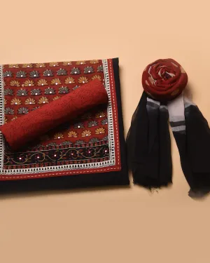 Black Pure Cotton Hand Block Printed With Embroidery  Unstitched Suit Fabric Set With Chiffon Dupatta