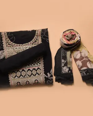 Black Satin Crepe Blend Printed With Embroidery Unstitched Suit Fabric Set With Chinon Dupatta