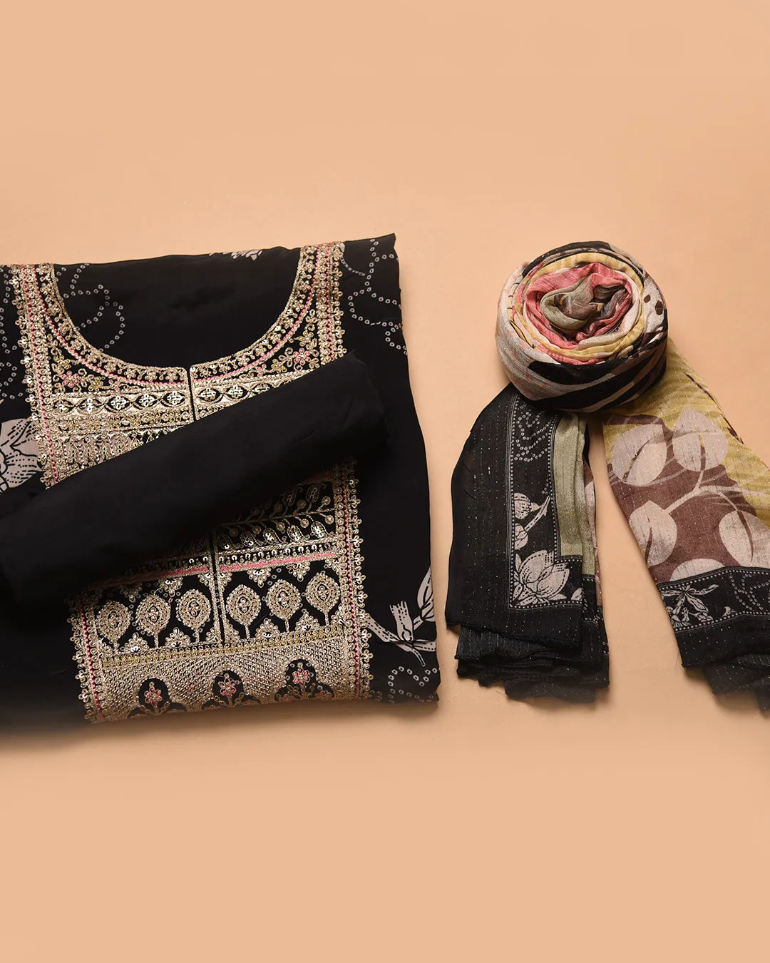 Black Satin Crepe Blend Printed With Embroidery Unstitched Suit Fabric Set With Chinon Dupatta