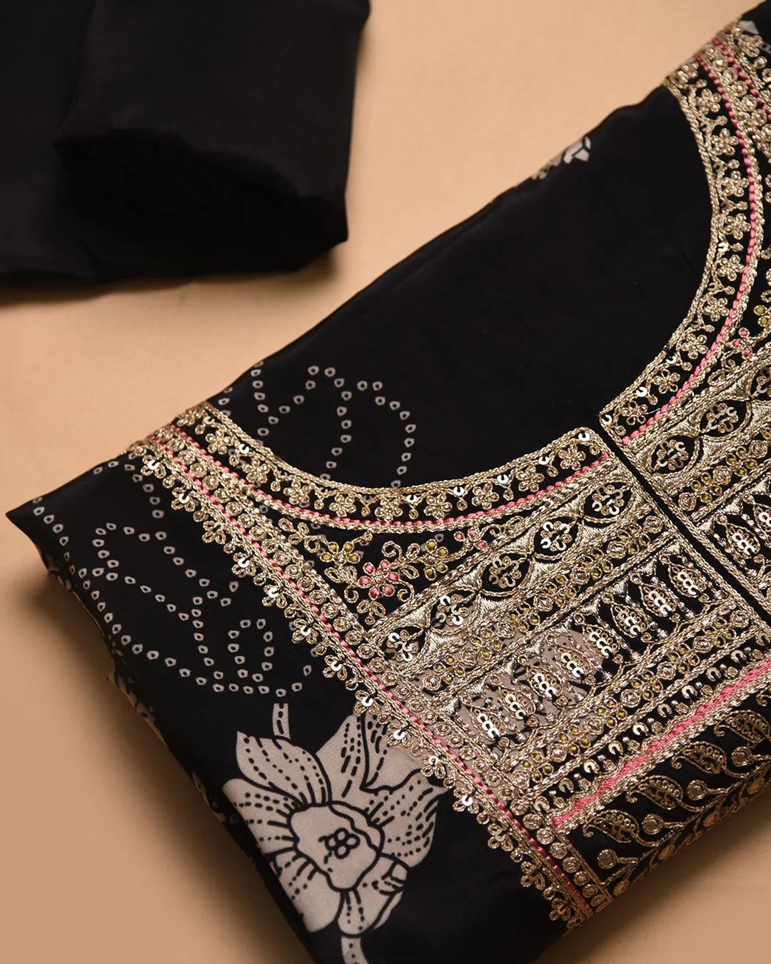 Black Satin Crepe Blend Printed With Embroidery Unstitched Suit Fabric Set With Chinon Dupatta