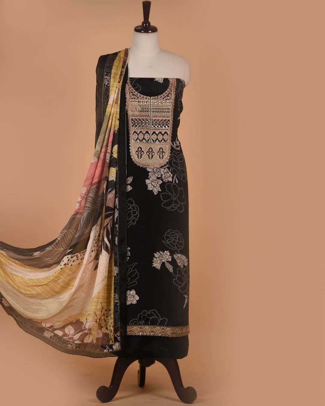 Black Satin Crepe Blend Printed With Embroidery Unstitched Suit Fabric Set With Chinon Dupatta