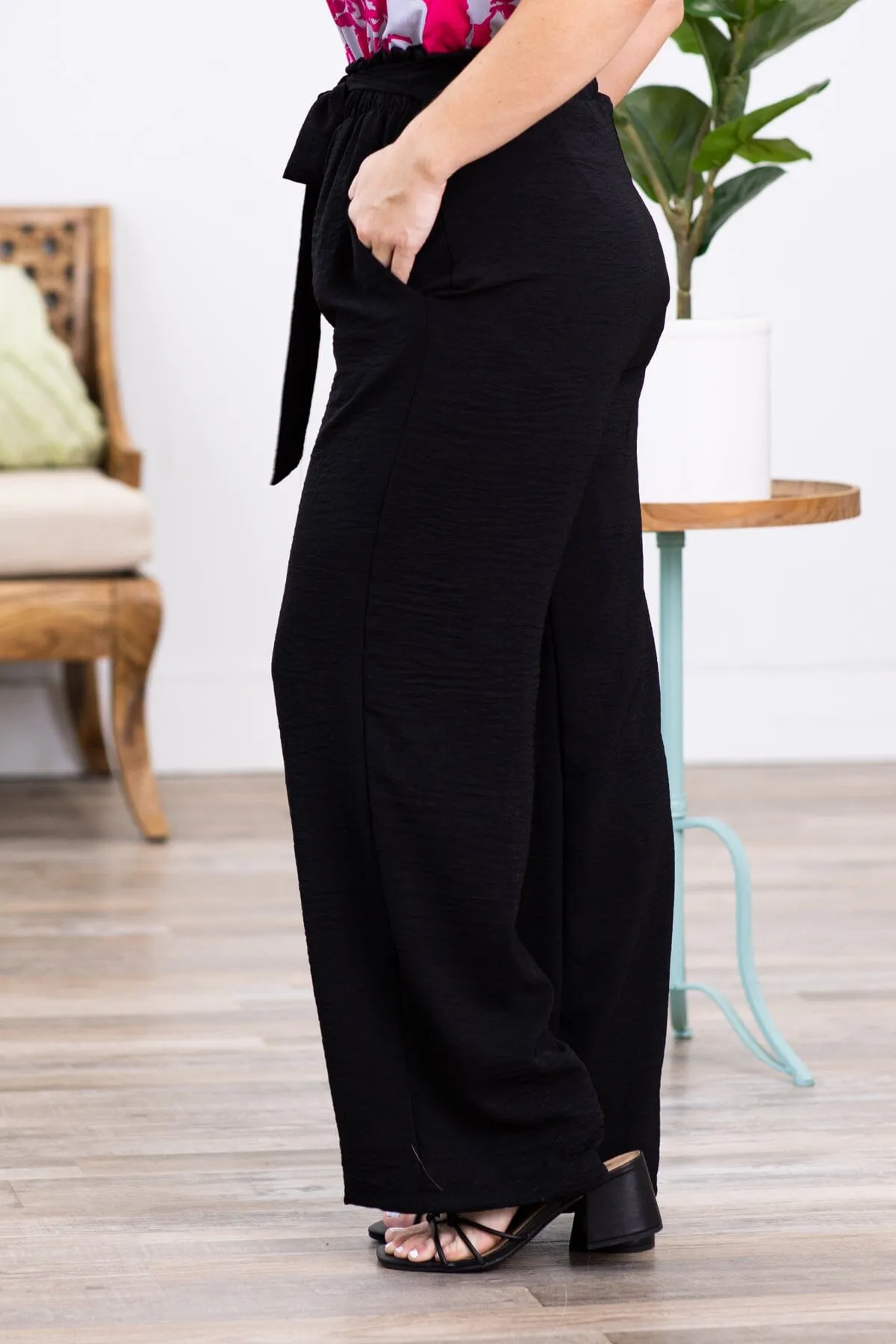Black Self Tie Elastic Waist Wide Leg Pants
