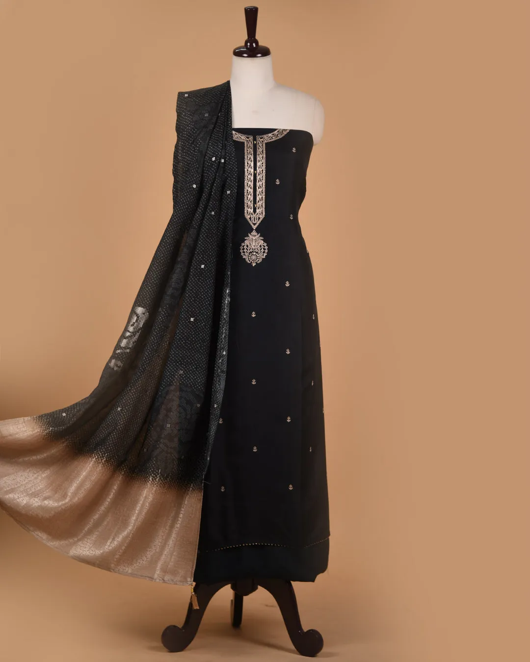 Black Silk Viscose Blend Embroidered Unstitched Suit Fabric Set With Muslin Woven With Printed Dupatta