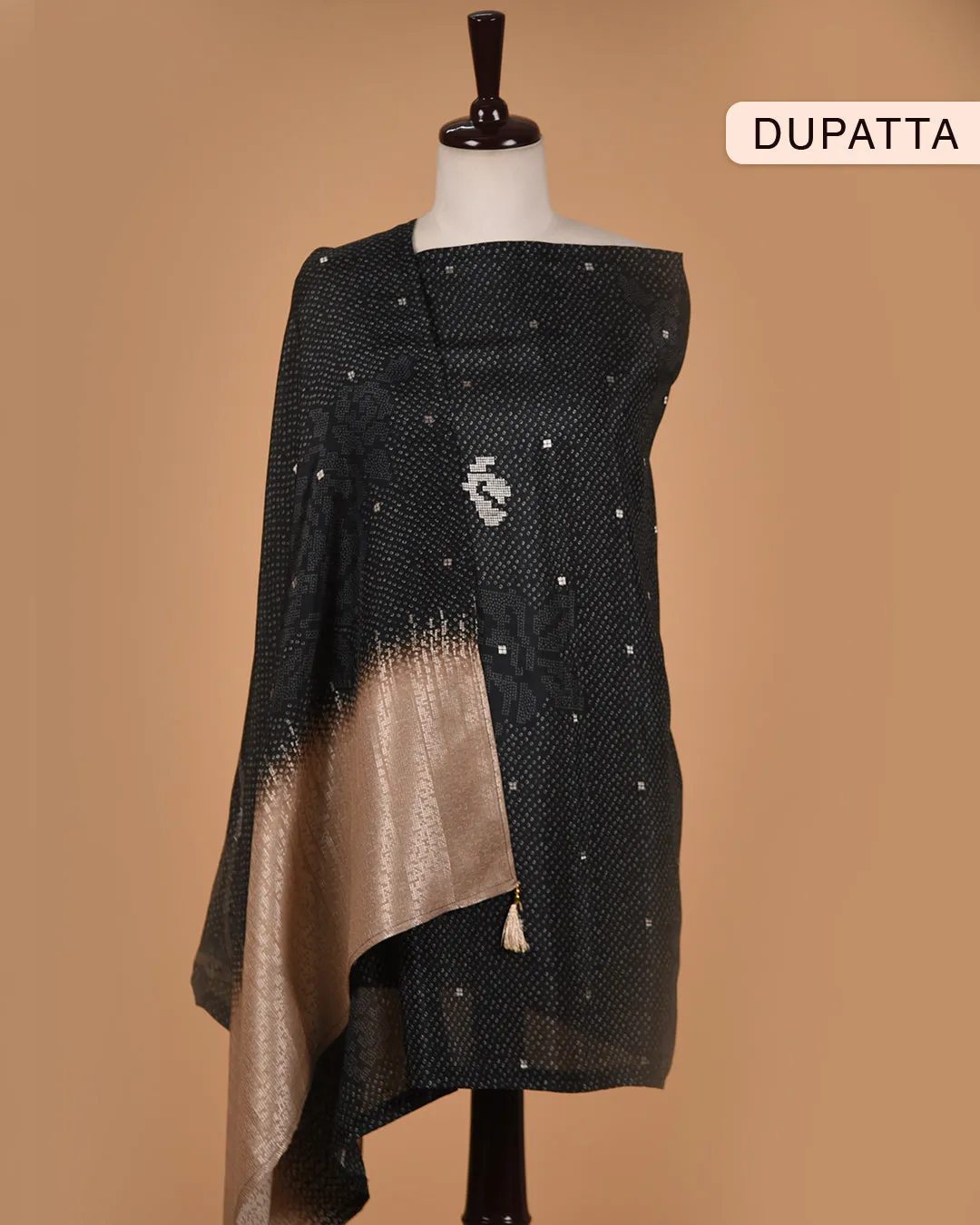 Black Silk Viscose Blend Embroidered Unstitched Suit Fabric Set With Muslin Woven With Printed Dupatta