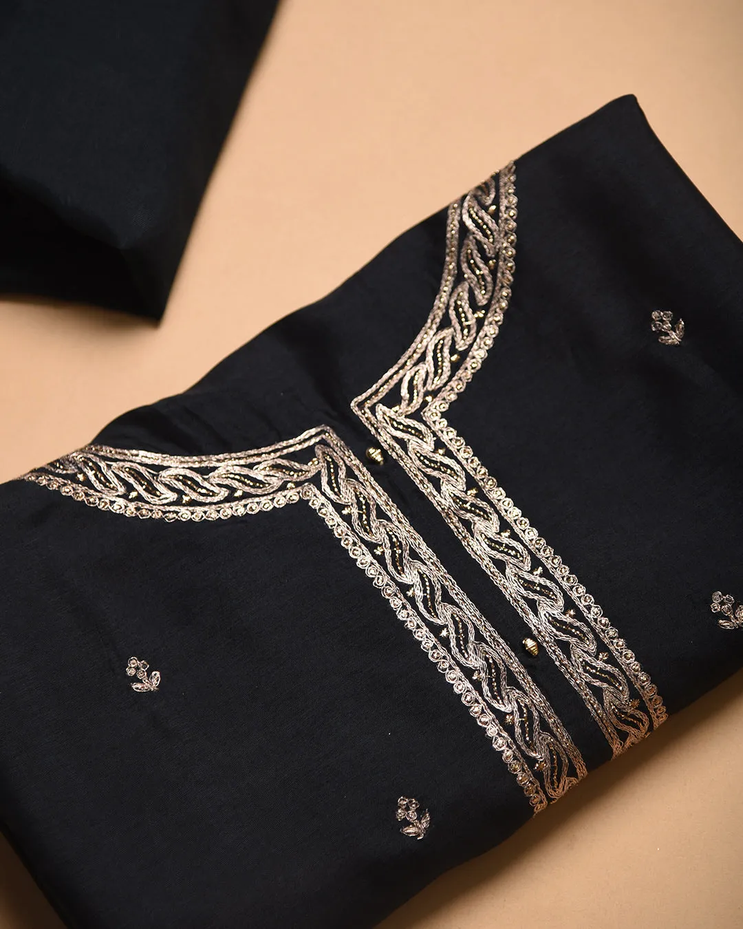 Black Silk Viscose Blend Embroidered Unstitched Suit Fabric Set With Muslin Woven With Printed Dupatta