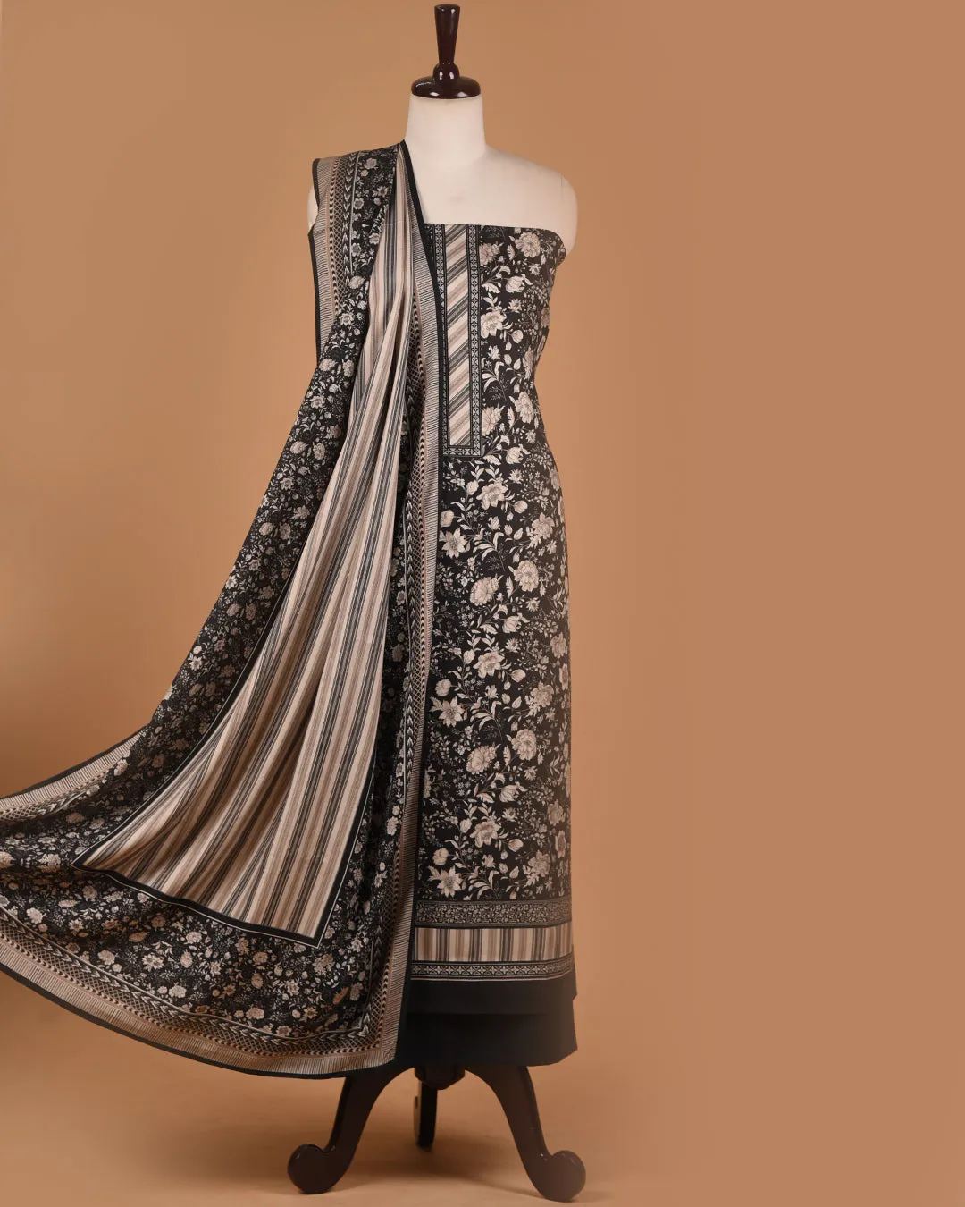 Black Winter Wear Wool Spun Blend Printed Unstitched Suit Fabric Set With Wool Spun Blend Stole