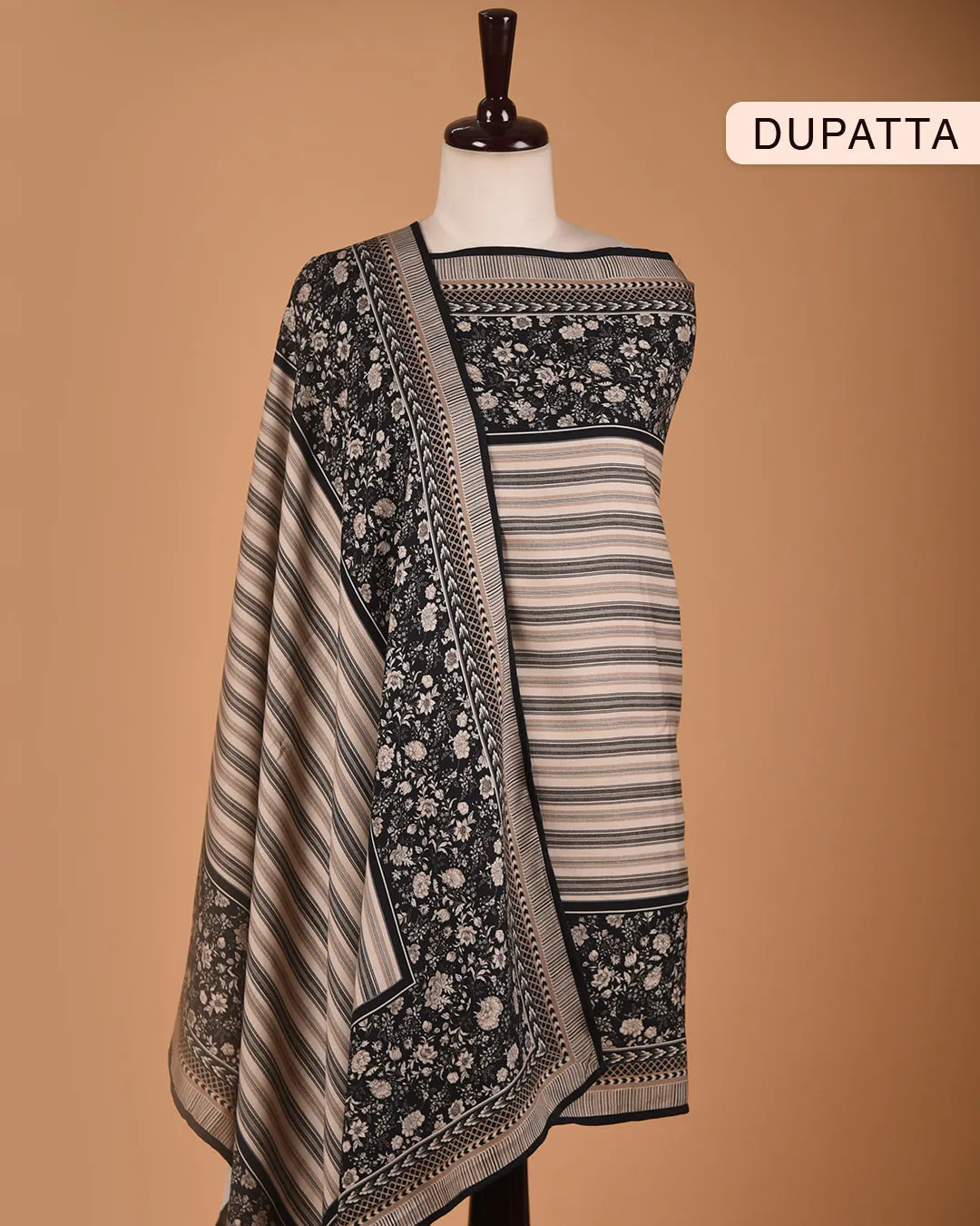 Black Winter Wear Wool Spun Blend Printed Unstitched Suit Fabric Set With Wool Spun Blend Stole