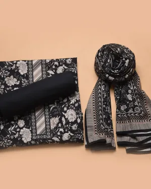 Black Winter Wear Wool Spun Blend Printed Unstitched Suit Fabric Set With Wool Spun Blend Stole