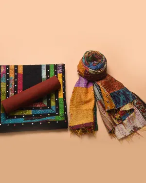 Black With Brick Red Cotton Shiffly Embroidered Unstitched Suit Fabric Set With Cotton Dupatta