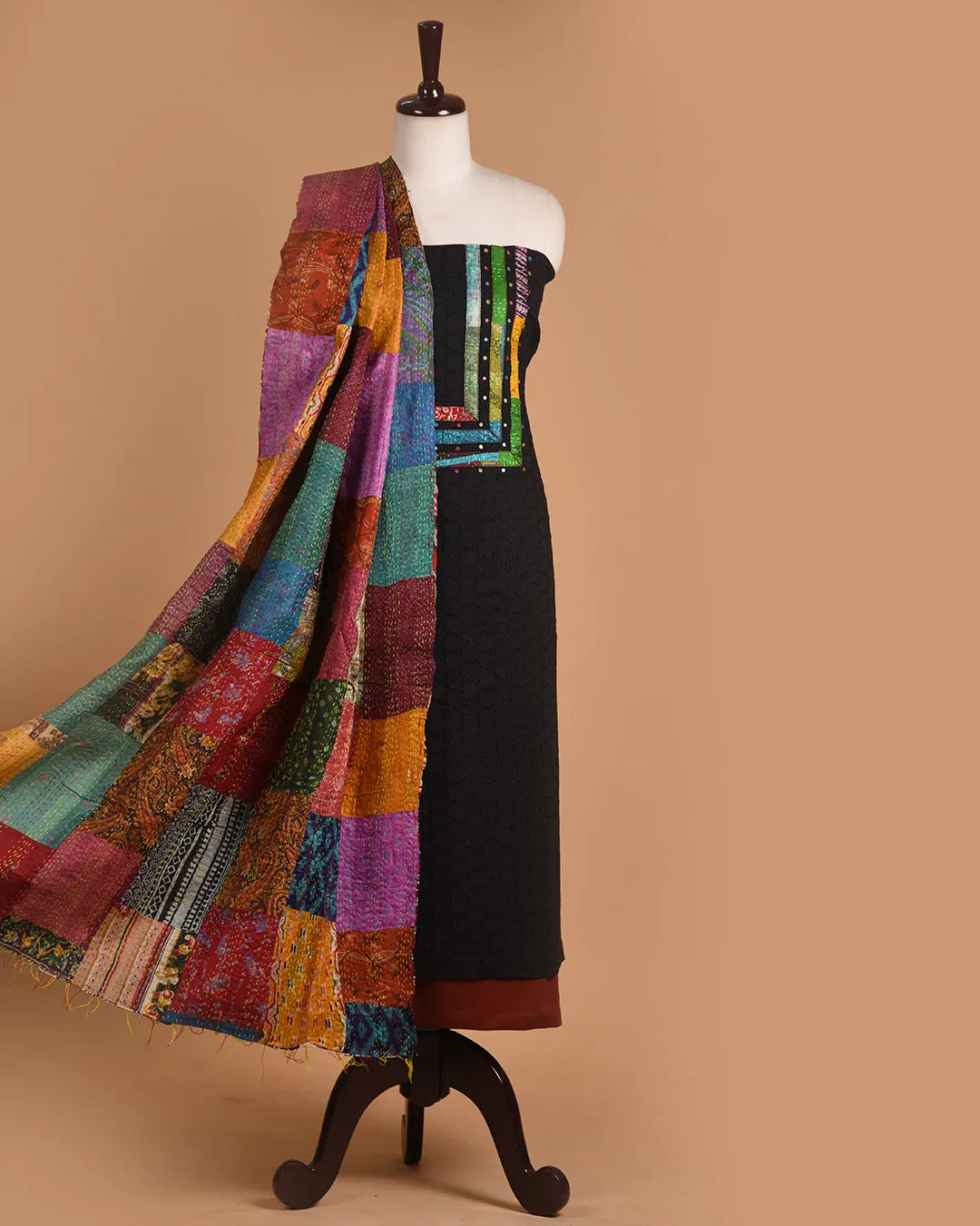 Black With Brick Red Cotton Shiffly Embroidered Unstitched Suit Fabric Set With Cotton Dupatta