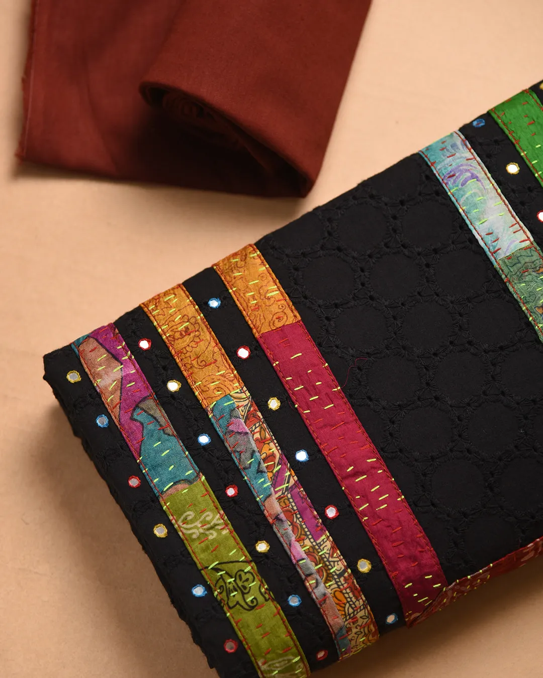 Black With Brick Red Cotton Shiffly Embroidered Unstitched Suit Fabric Set With Cotton Dupatta