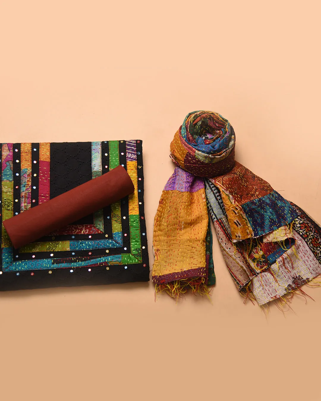 Black With Brick Red Cotton Shiffly Embroidered Unstitched Suit Fabric Set With Cotton Dupatta