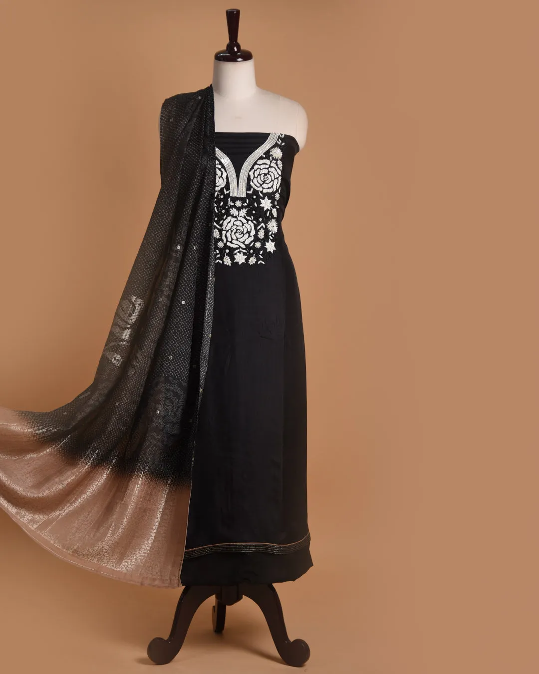 Black With White Muslin Silk Blend Embroidered Unstitched Suit Fabric Set With Muslin Dupatta
