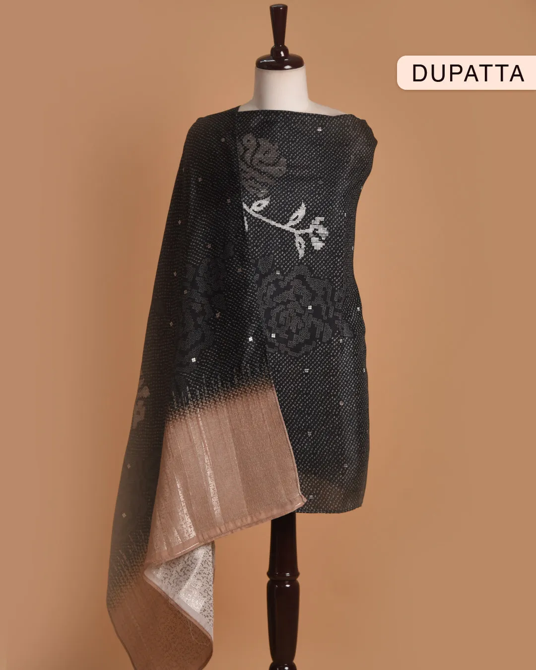 Black With White Muslin Silk Blend Embroidered Unstitched Suit Fabric Set With Muslin Dupatta