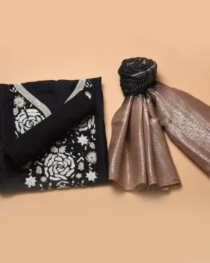 Black With White Muslin Silk Blend Embroidered Unstitched Suit Fabric Set With Muslin Dupatta