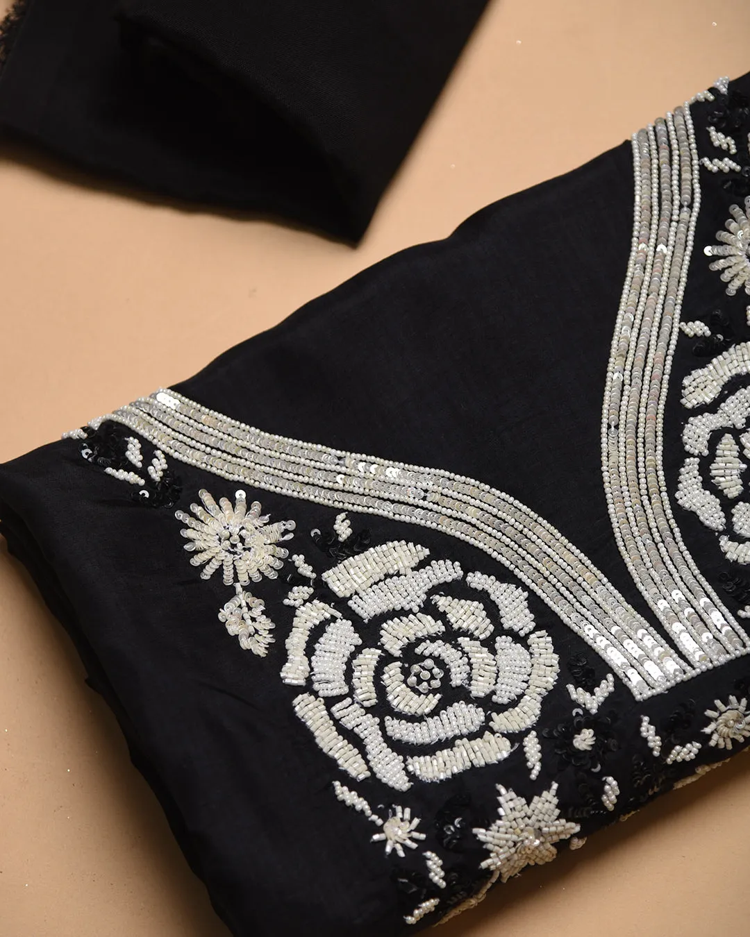 Black With White Muslin Silk Blend Embroidered Unstitched Suit Fabric Set With Muslin Dupatta