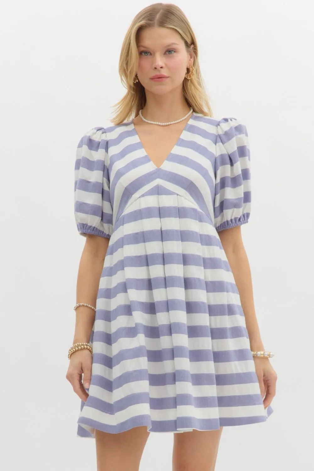 Blue & White Striped Dress w/ Puff Sleeves