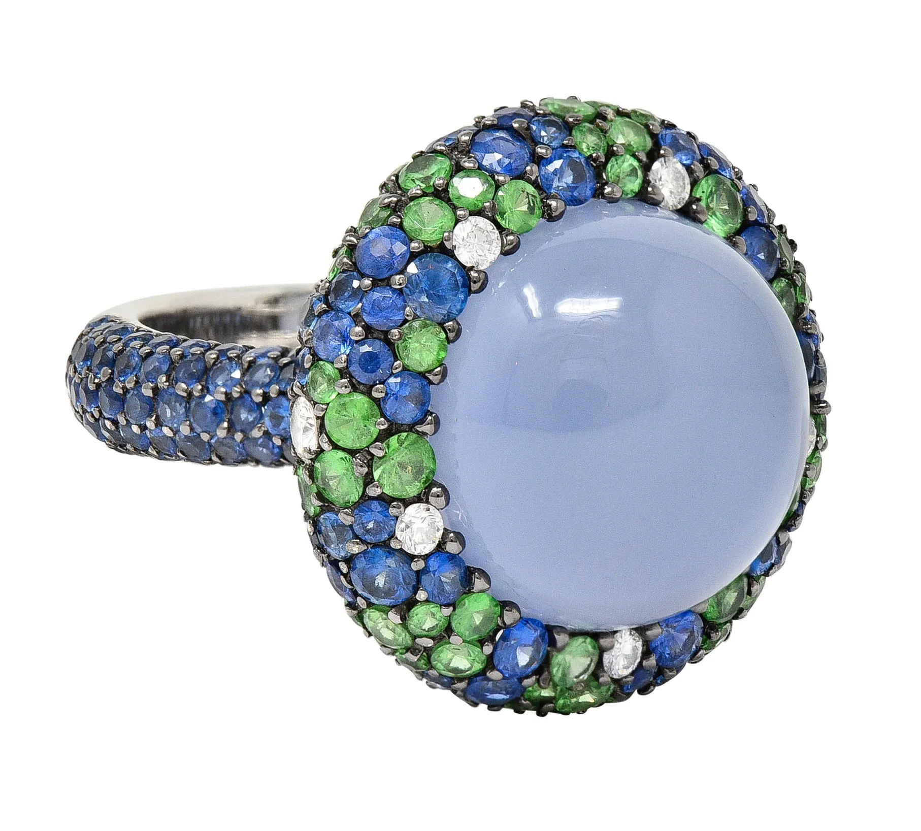 Blue Chalcedony 7.55 CTW Sapphire Diamond Tsavorite 18 Karat White Gold Cocktail Ring