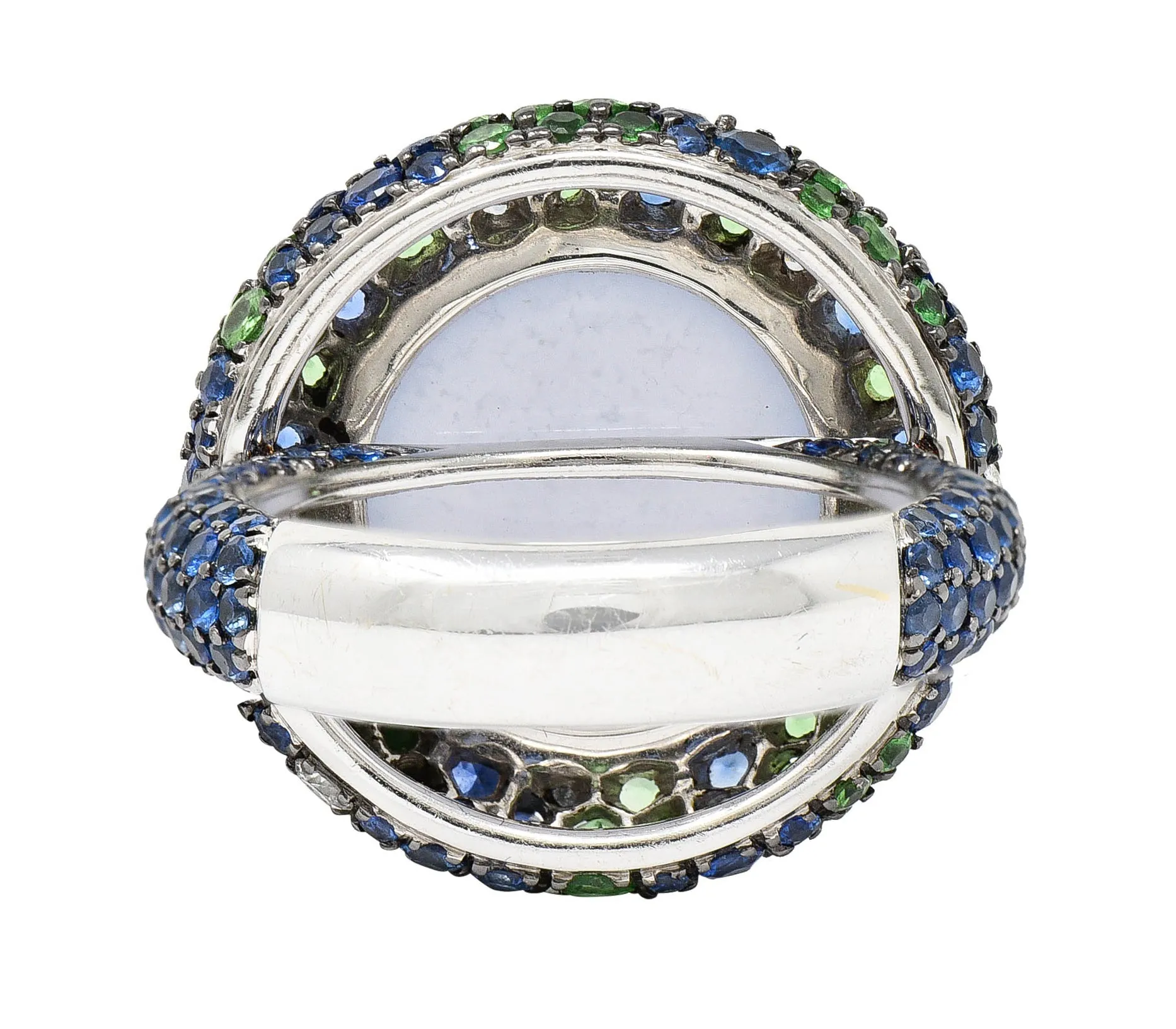 Blue Chalcedony 7.55 CTW Sapphire Diamond Tsavorite 18 Karat White Gold Cocktail Ring