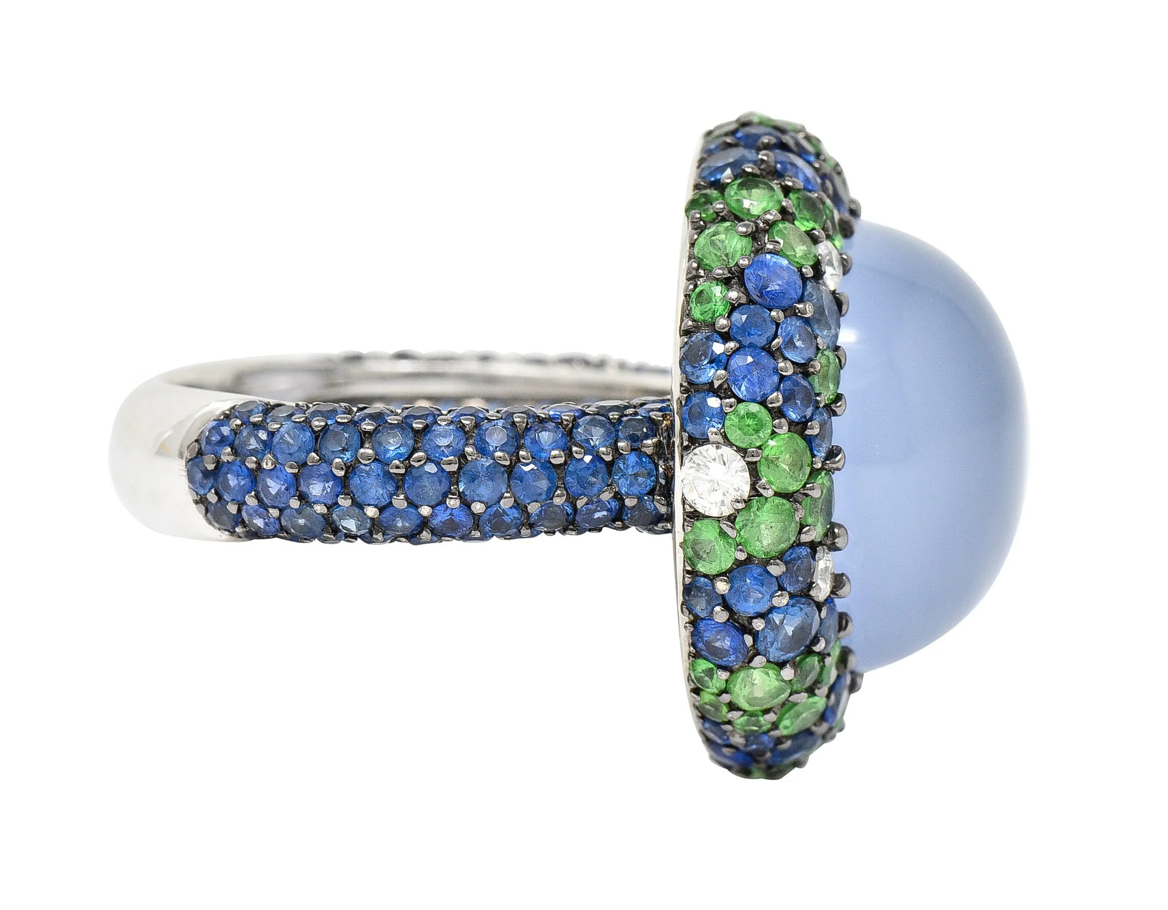 Blue Chalcedony 7.55 CTW Sapphire Diamond Tsavorite 18 Karat White Gold Cocktail Ring