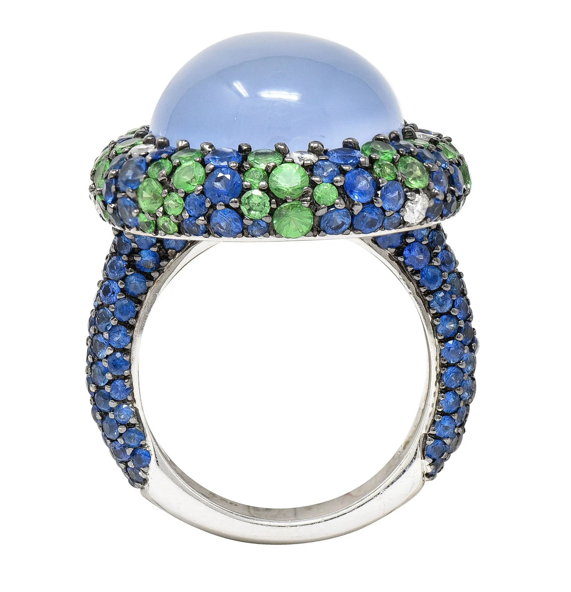Blue Chalcedony 7.55 CTW Sapphire Diamond Tsavorite 18 Karat White Gold Cocktail Ring