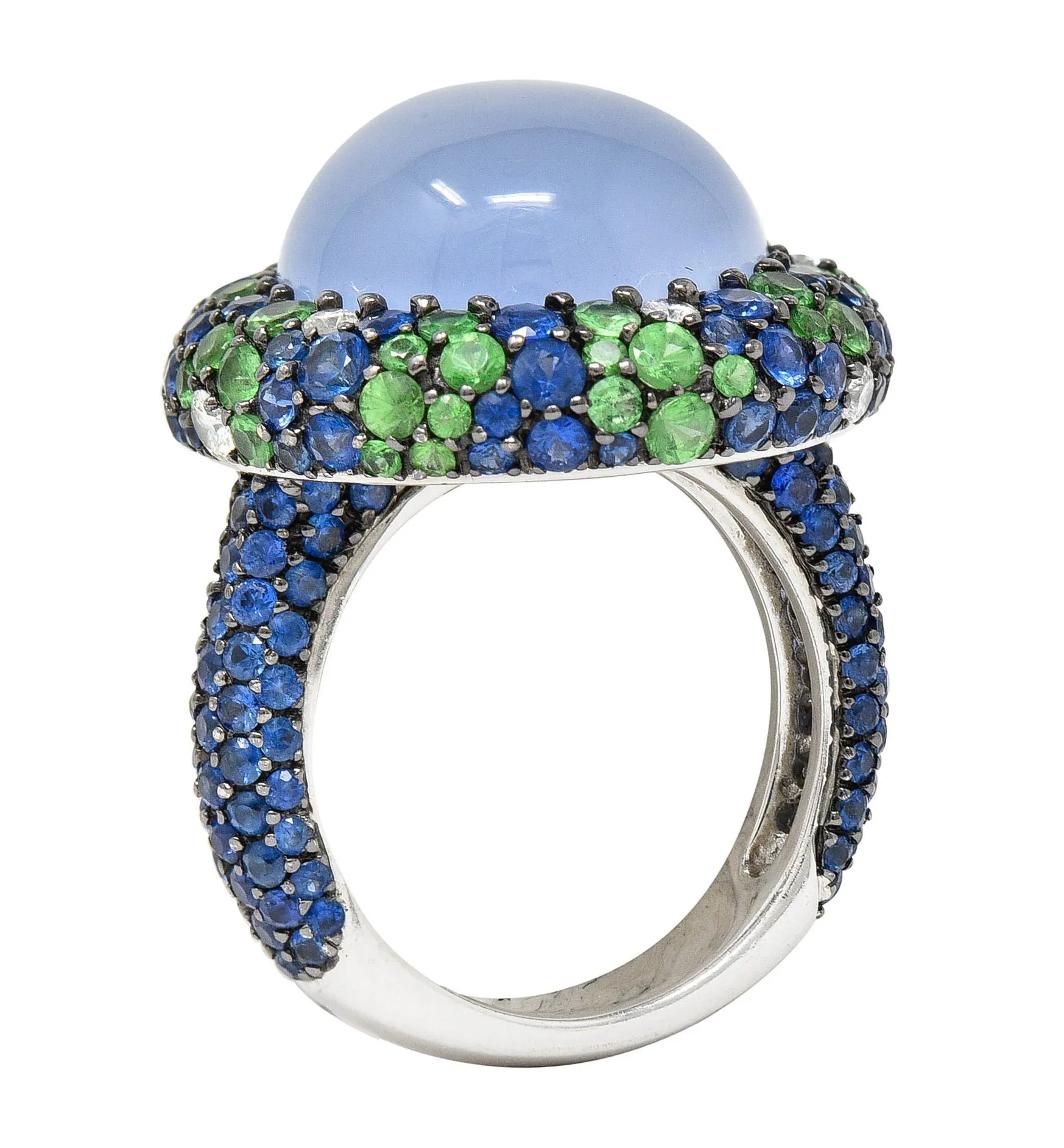 Blue Chalcedony 7.55 CTW Sapphire Diamond Tsavorite 18 Karat White Gold Cocktail Ring