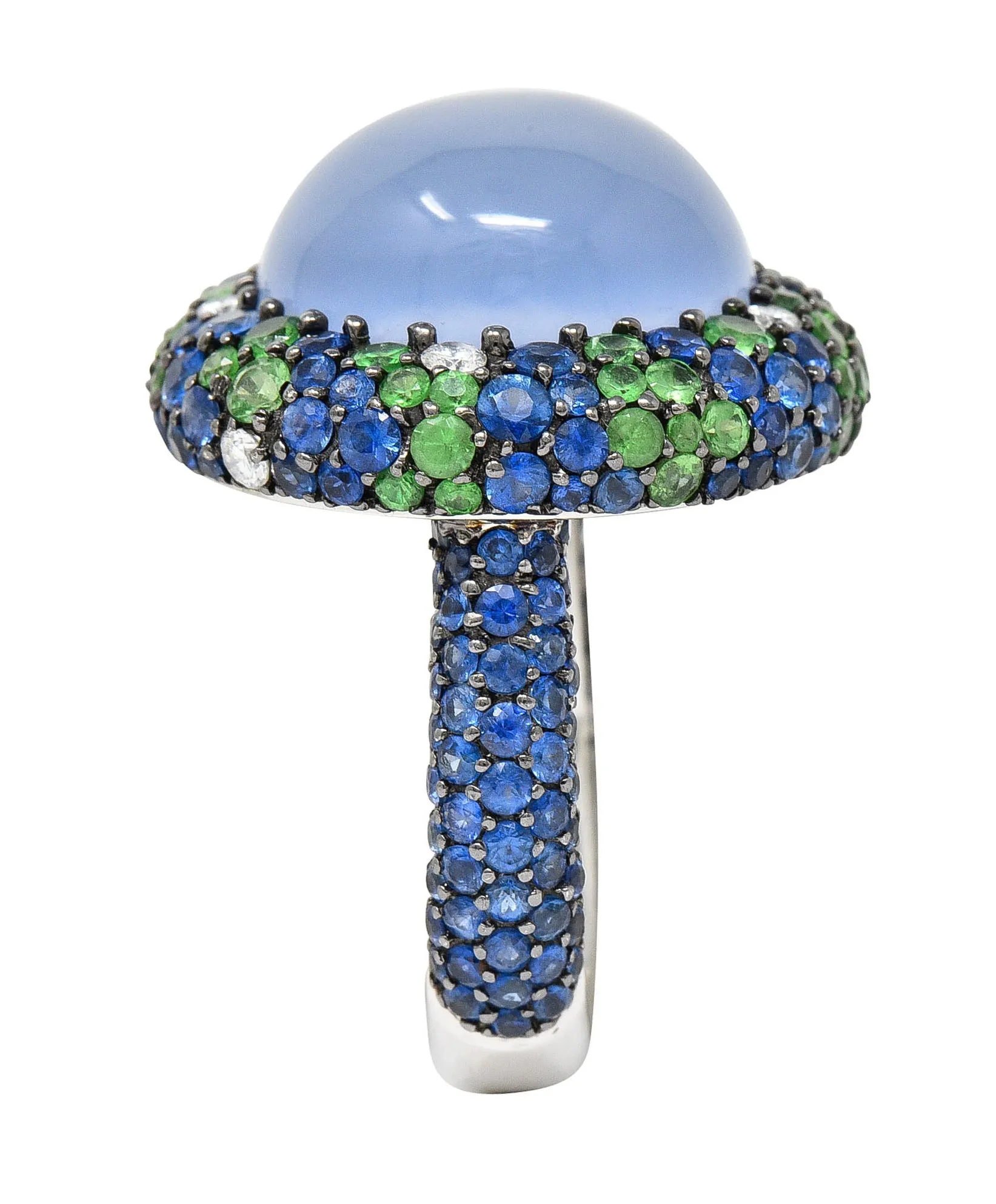 Blue Chalcedony 7.55 CTW Sapphire Diamond Tsavorite 18 Karat White Gold Cocktail Ring