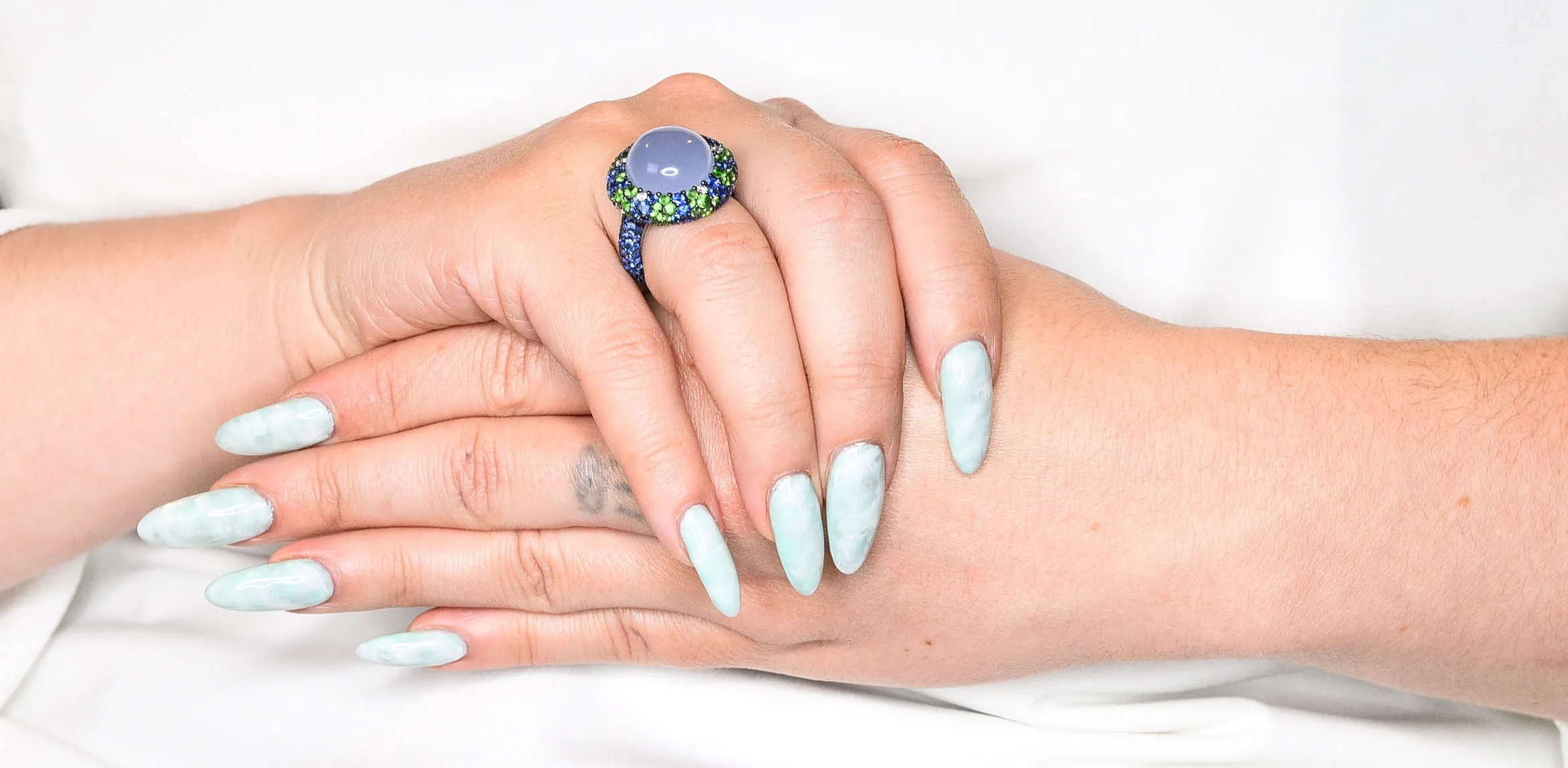 Blue Chalcedony 7.55 CTW Sapphire Diamond Tsavorite 18 Karat White Gold Cocktail Ring