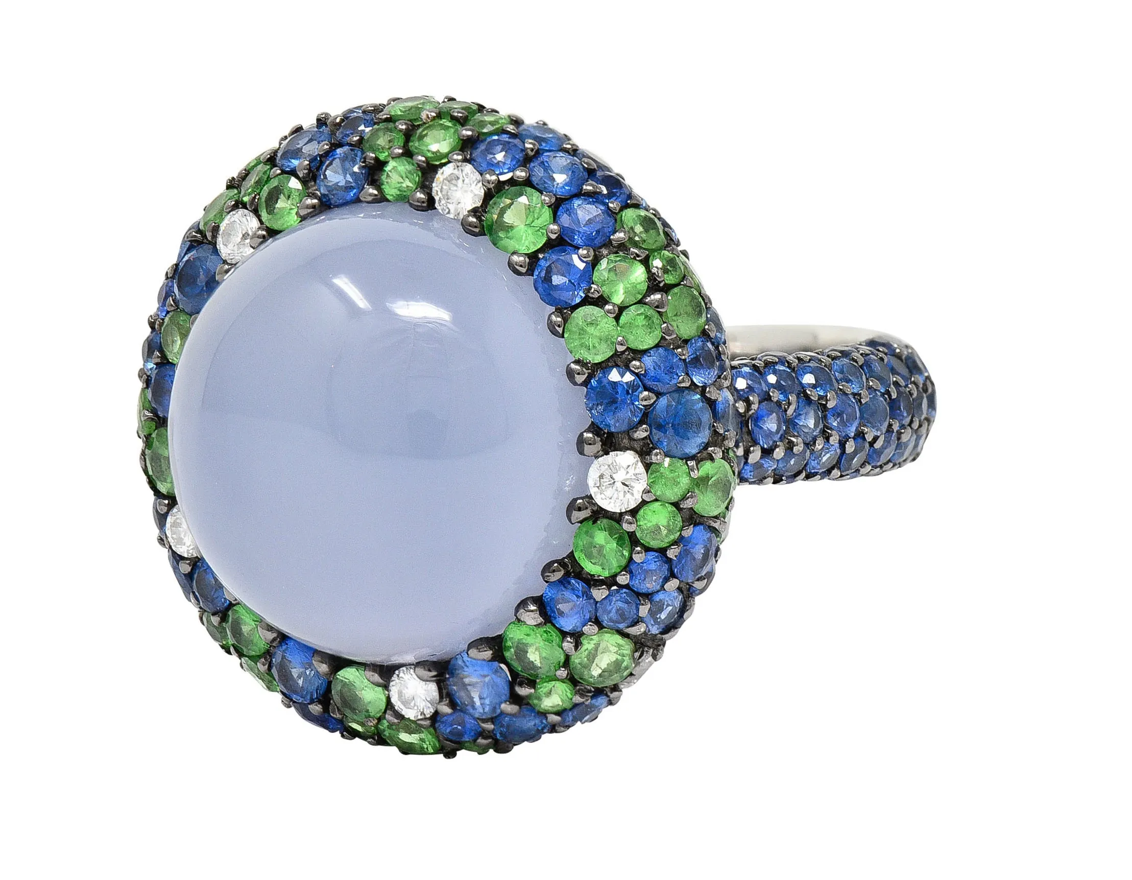 Blue Chalcedony 7.55 CTW Sapphire Diamond Tsavorite 18 Karat White Gold Cocktail Ring