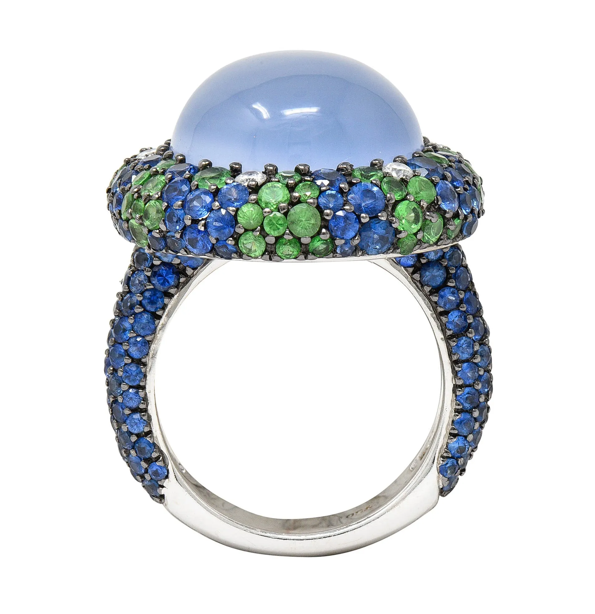 Blue Chalcedony 7.55 CTW Sapphire Diamond Tsavorite 18 Karat White Gold Cocktail Ring