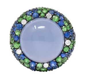 Blue Chalcedony 7.55 CTW Sapphire Diamond Tsavorite 18 Karat White Gold Cocktail Ring