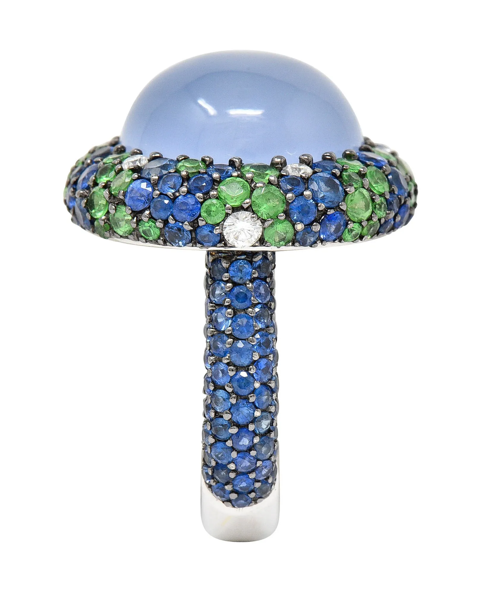 Blue Chalcedony 7.55 CTW Sapphire Diamond Tsavorite 18 Karat White Gold Cocktail Ring