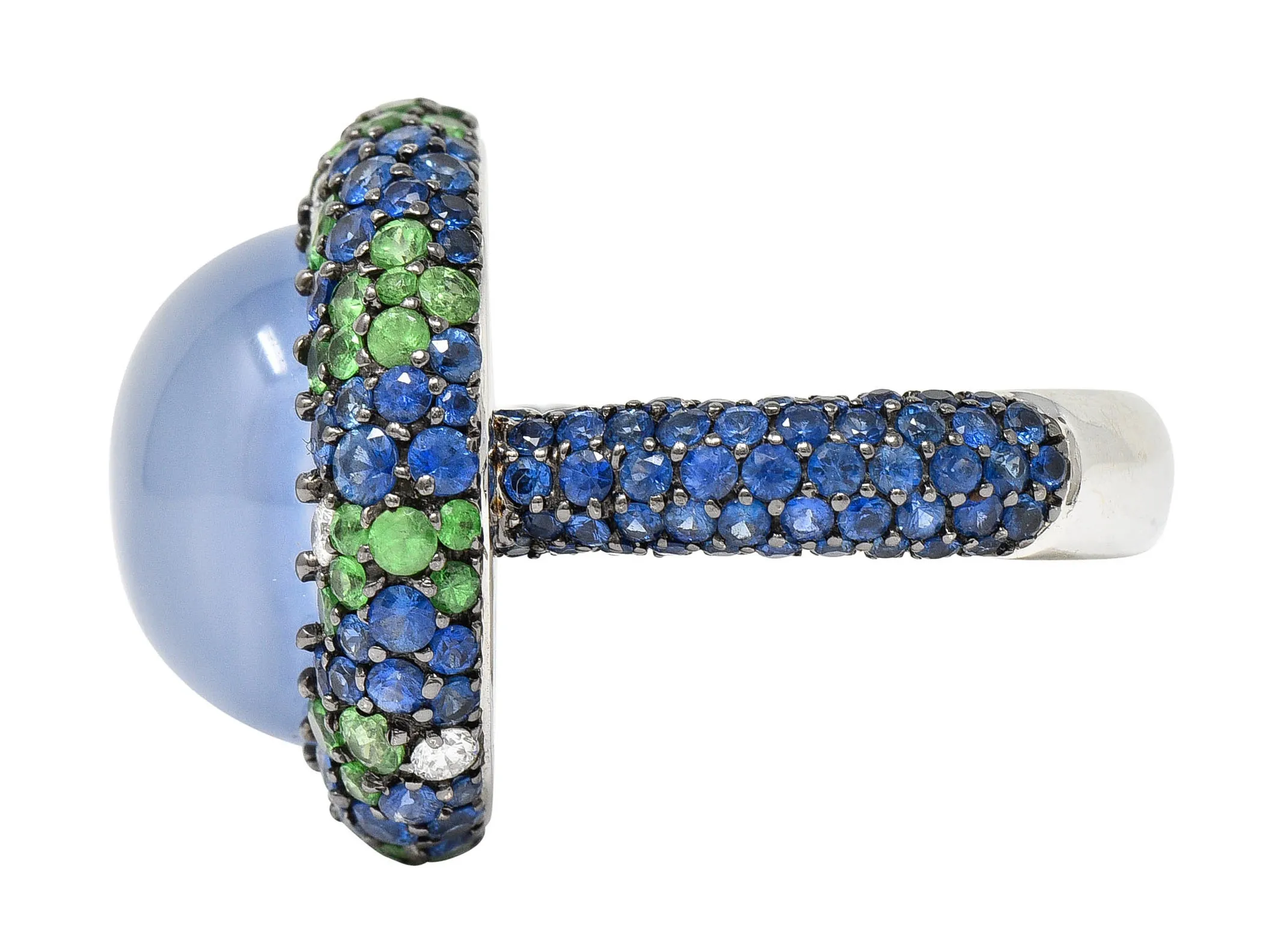 Blue Chalcedony 7.55 CTW Sapphire Diamond Tsavorite 18 Karat White Gold Cocktail Ring