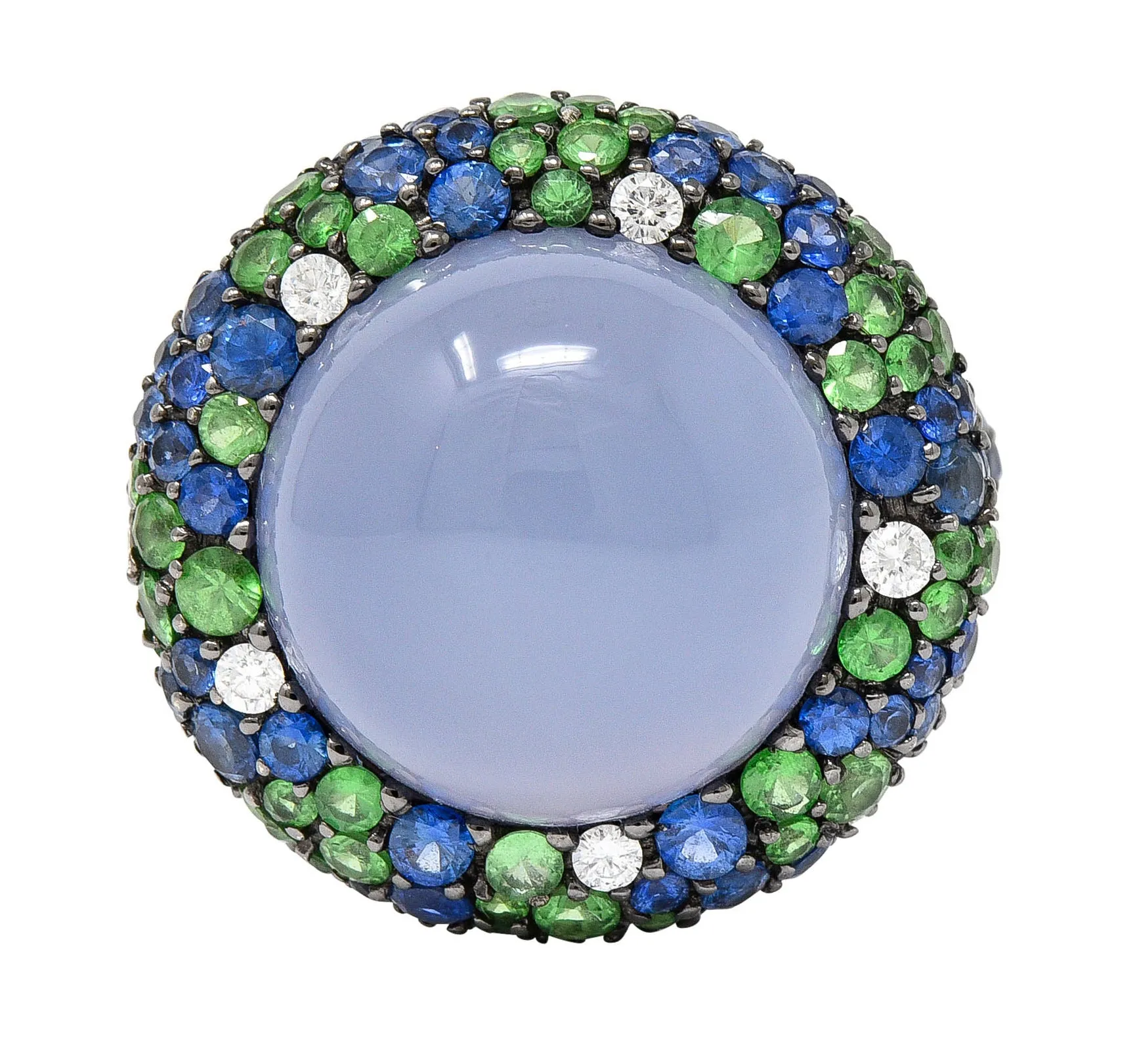 Blue Chalcedony 7.55 CTW Sapphire Diamond Tsavorite 18 Karat White Gold Cocktail Ring