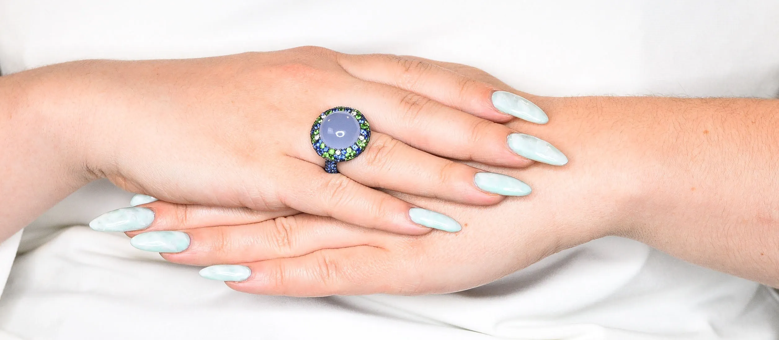 Blue Chalcedony 7.55 CTW Sapphire Diamond Tsavorite 18 Karat White Gold Cocktail Ring