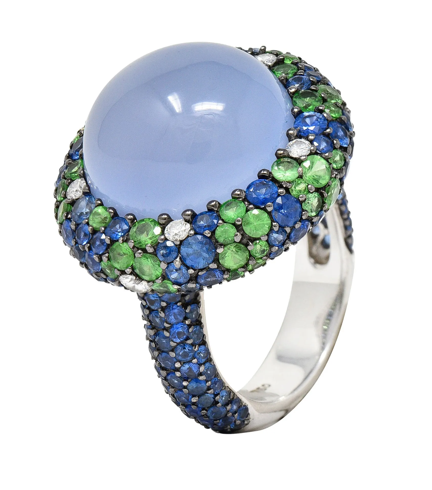 Blue Chalcedony 7.55 CTW Sapphire Diamond Tsavorite 18 Karat White Gold Cocktail Ring