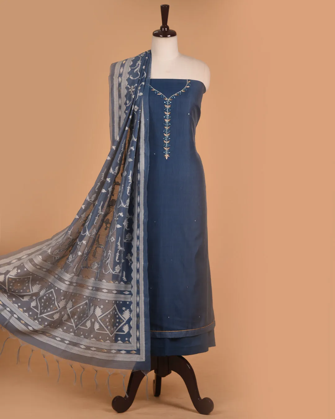 Blue Chanderi Embroidered Unstitched Suit Fabric Set Chanderi Jamdani Woven Dupatta