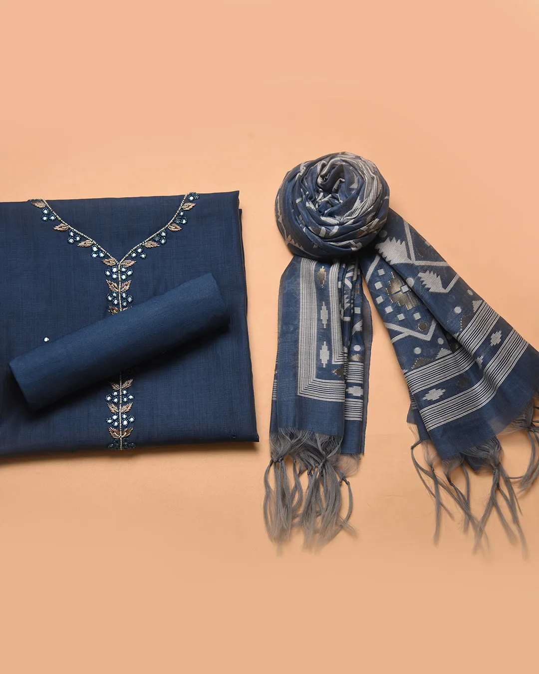 Blue Chanderi Embroidered Unstitched Suit Fabric Set Chanderi Jamdani Woven Dupatta