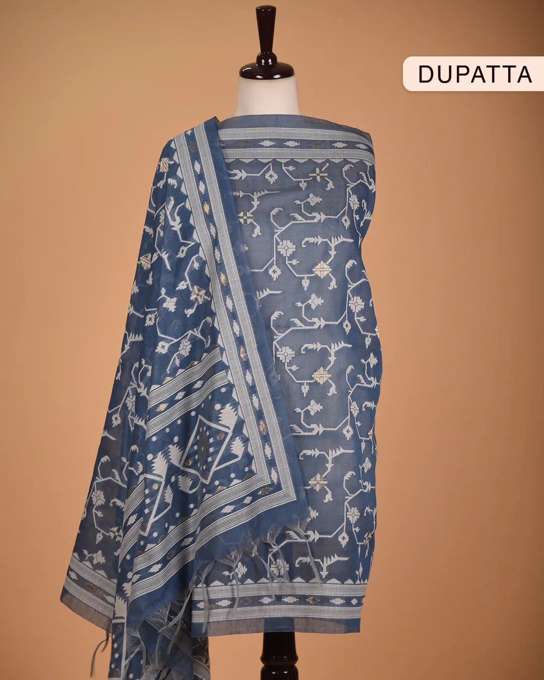 Blue Chanderi Embroidered Unstitched Suit Fabric Set Chanderi Jamdani Woven Dupatta
