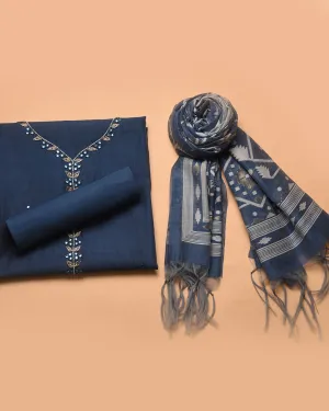 Blue Chanderi Embroidered Unstitched Suit Fabric Set Chanderi Jamdani Woven Dupatta