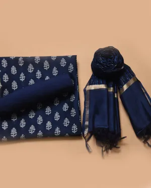 Blue Chanderi Hand Block Printed Unstitched Suit Fabric Set With Chanderi Dupatta