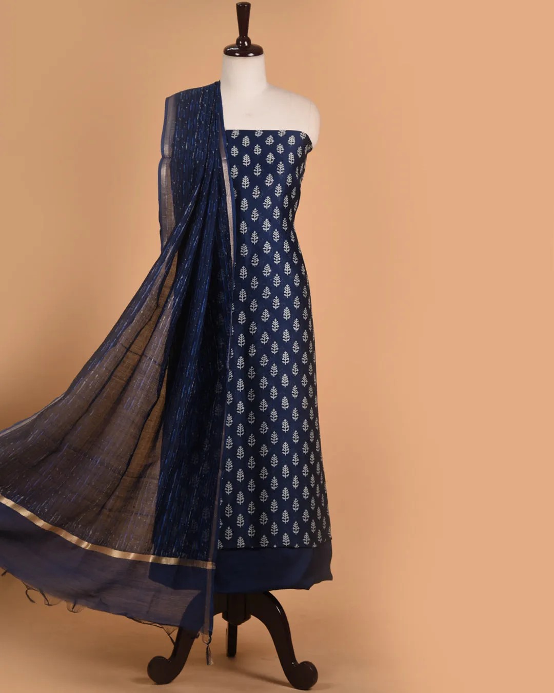 Blue Chanderi Hand Block Printed Unstitched Suit Fabric Set With Chanderi Dupatta