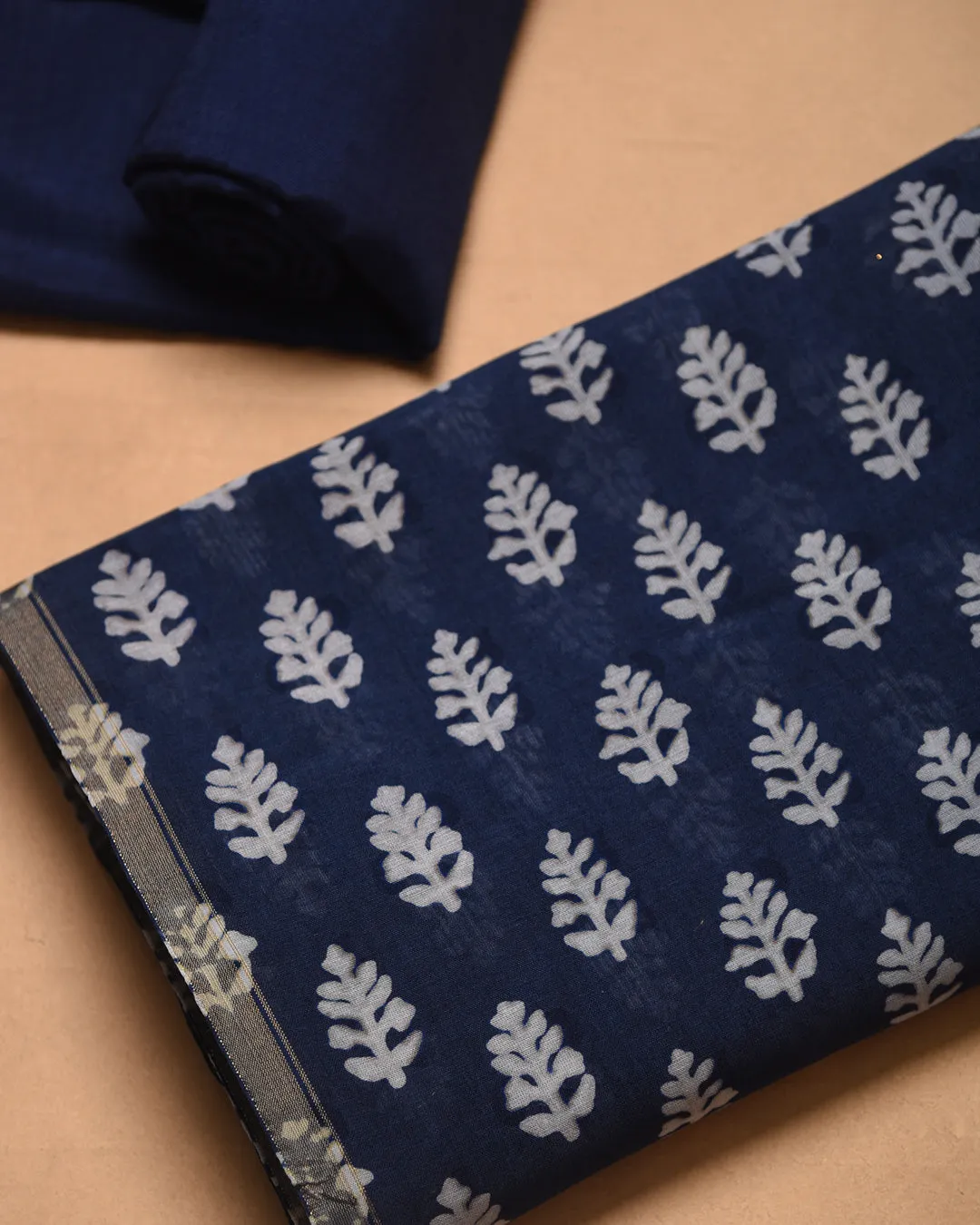 Blue Chanderi Hand Block Printed Unstitched Suit Fabric Set With Chanderi Dupatta