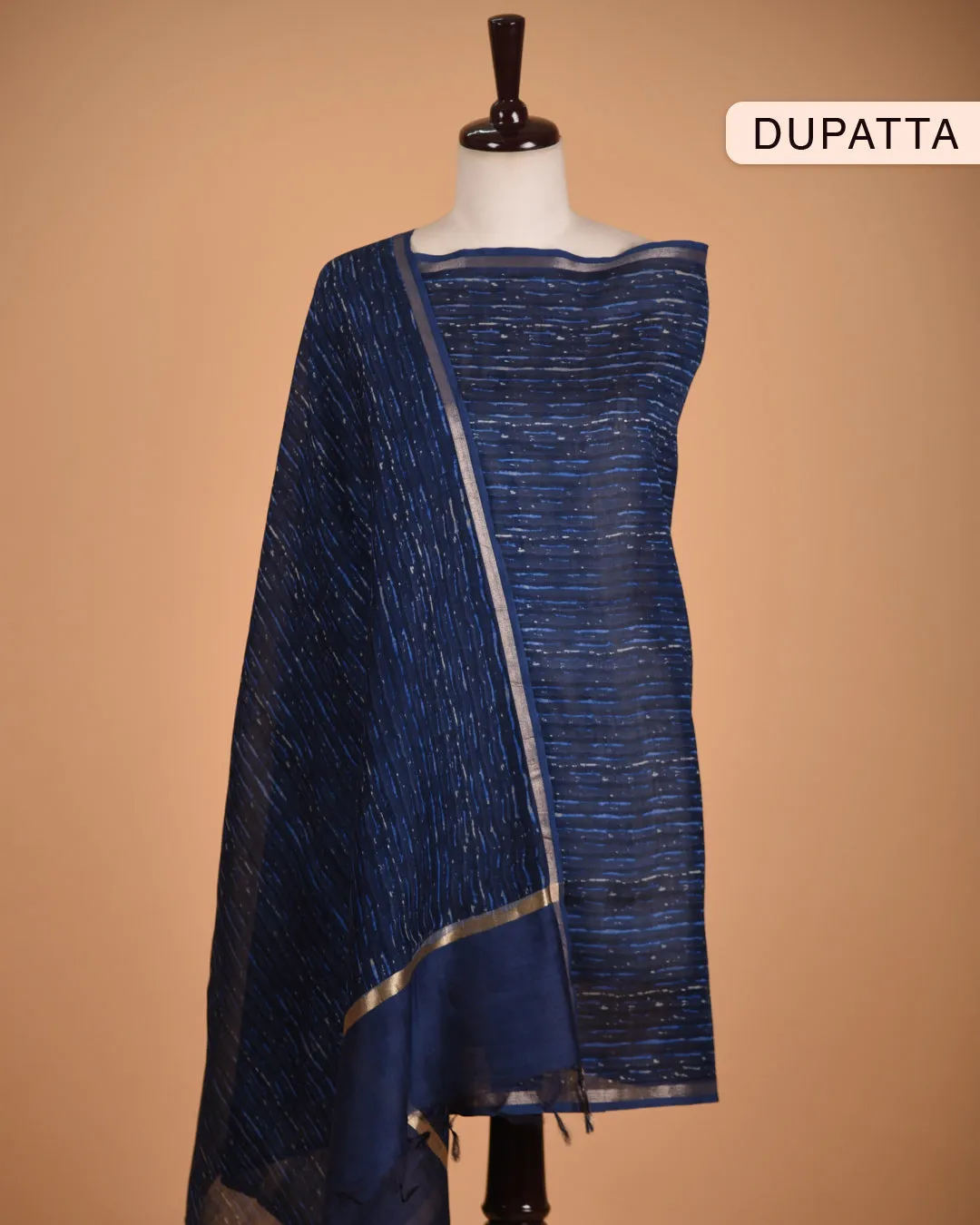 Blue Chanderi Hand Block Printed Unstitched Suit Fabric Set With Chanderi Dupatta