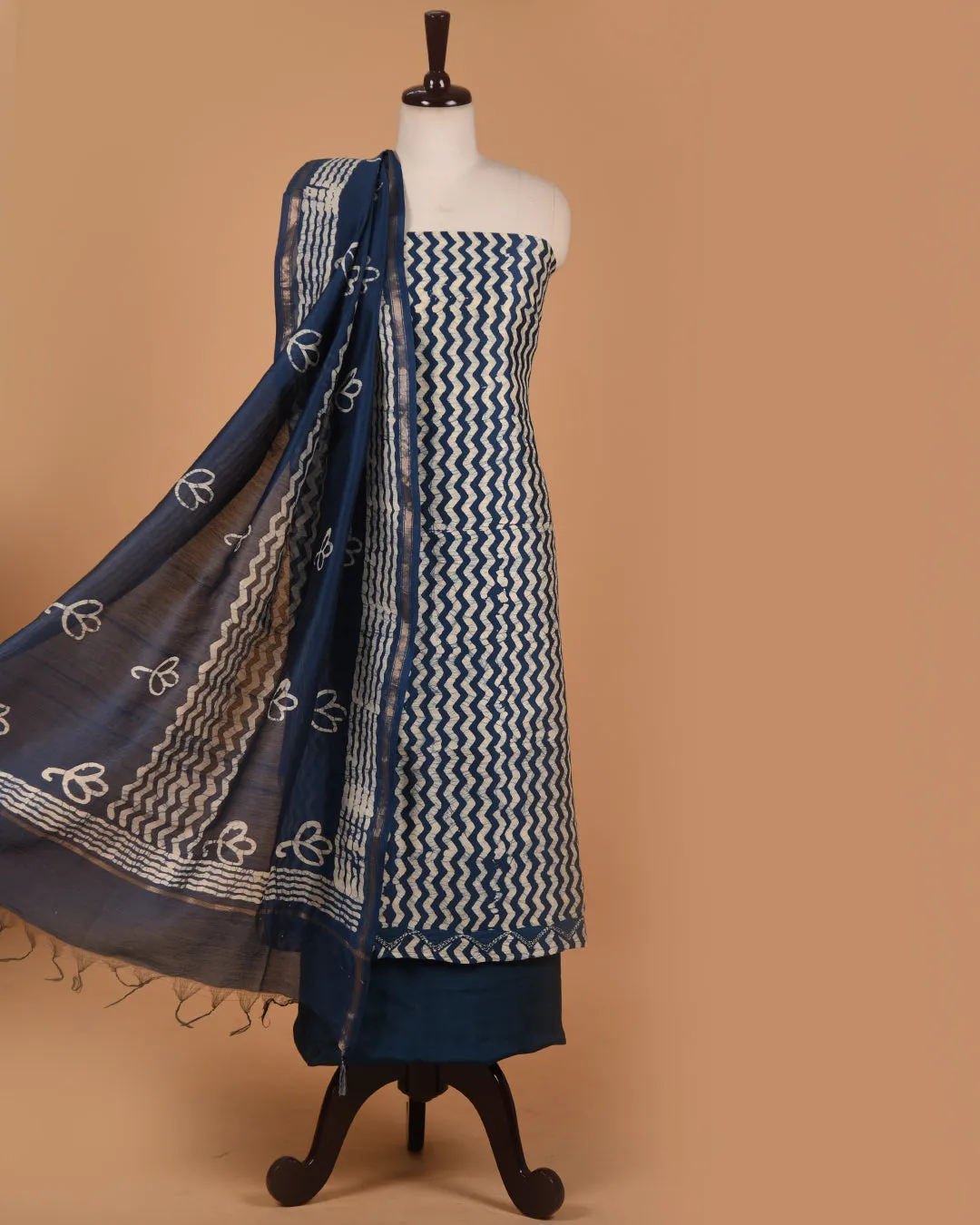 Blue Chanderi Printed With Embroidery Unstitched Suit Fabric Set With Chanderi Printed Dupatta
