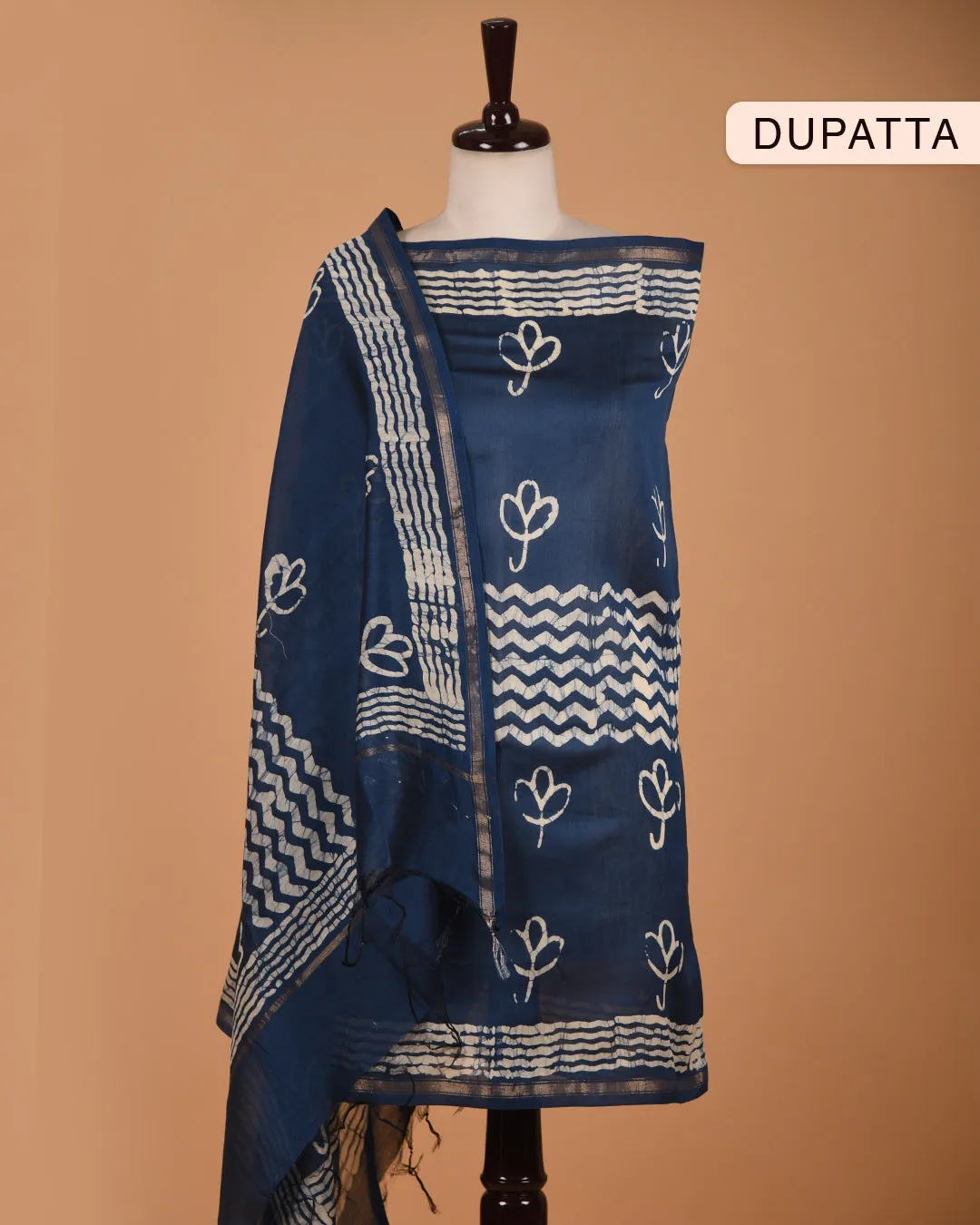 Blue Chanderi Printed With Embroidery Unstitched Suit Fabric Set With Chanderi Printed Dupatta