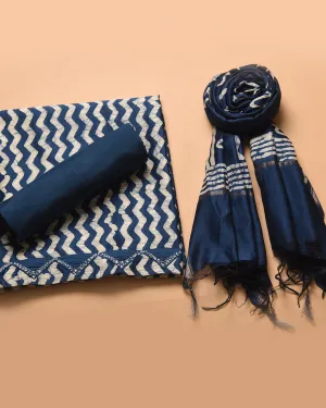 Blue Chanderi Printed With Embroidery Unstitched Suit Fabric Set With Chanderi Printed Dupatta