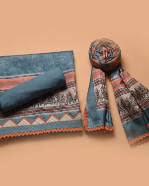 Blue Cotton Silk Blend Printed Unstitched Suit Fabric Set With Cotton Silk Dupatta